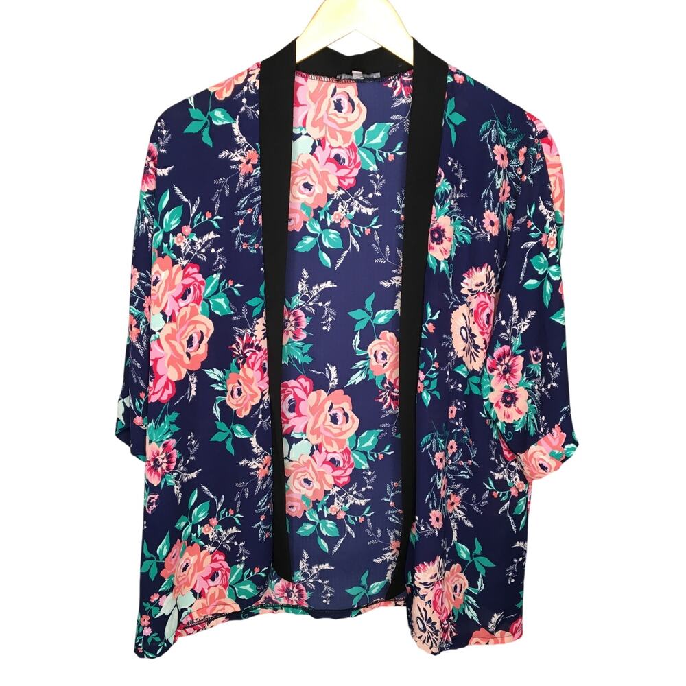 Charlotte Russe Kimono Women's Size S Navy Blue Floral Open Front Cover Up